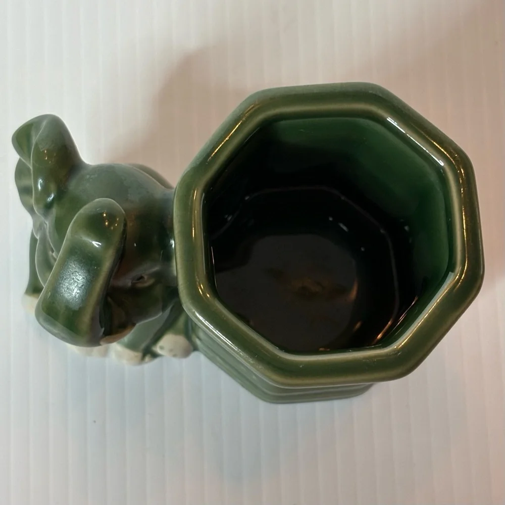 Vintage Elephant Planter Glaze Ceramic Jade Green Trunk Up-FLORAL Lucky Bamboo